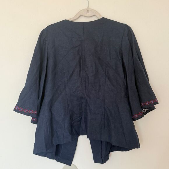 Etno Soul Blue Linen Embroidered Vyshyvanka Wrap Blouse Butterfly Sleeve No Belt - Picture 3 of 12